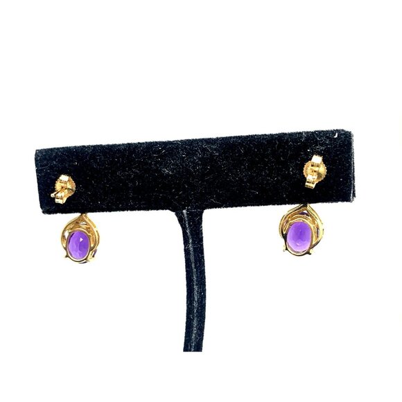 14k Yellow Gold Oval Purple Gemstone Women's Dangle Earrings Estate Jewelry - Picture 13 of 14
